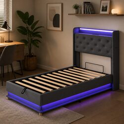 Single Bed Frame with Gas Lift Storage and LED Headboard