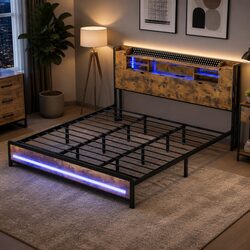 Metal King Bed Frame With LED Headboard and Charging Station