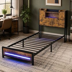 Functional Single Bed Frame with LED Storage Headboard