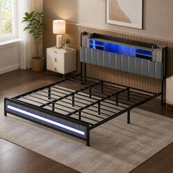 King Bed Frame with RGB LED Lighting and Storage