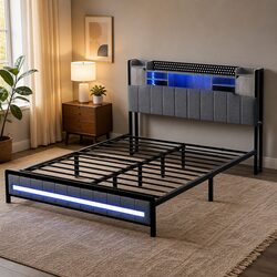 Queen Bed Frame with LED Headboard and Storage Features