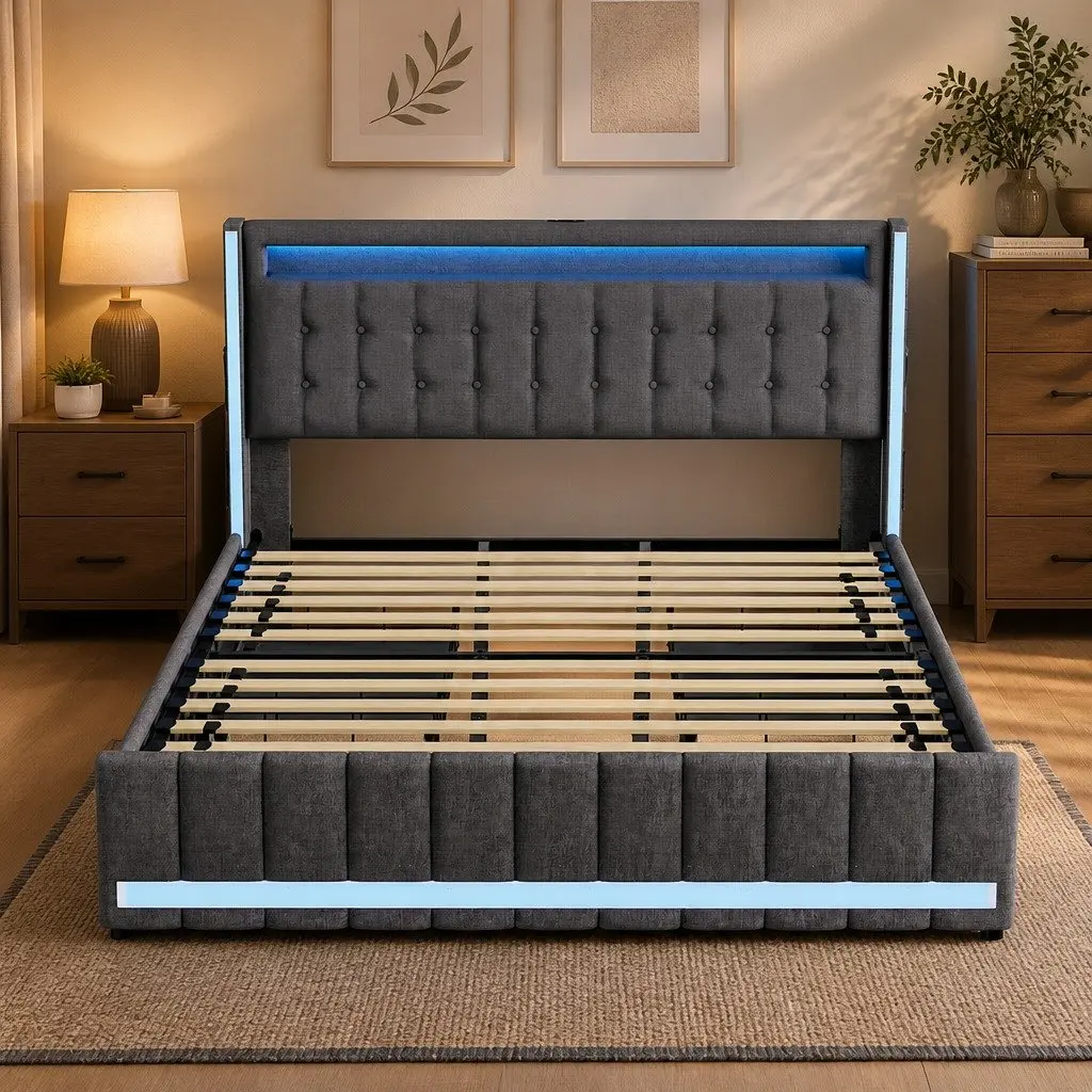 King Bed Frame with Storage Drawers USB Charging Ports Linen Grey