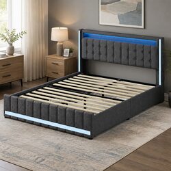 Gray Queen Bed Frame with Storage Drawers and Power Outlets