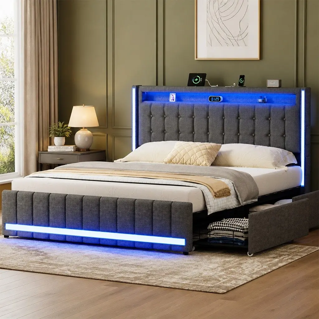 Queen Bed Frame with Storage Drawers USB Power Outlets LED Headboard Gray
