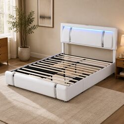 Queen Bed Frame with PU Leather Headboard and Storage