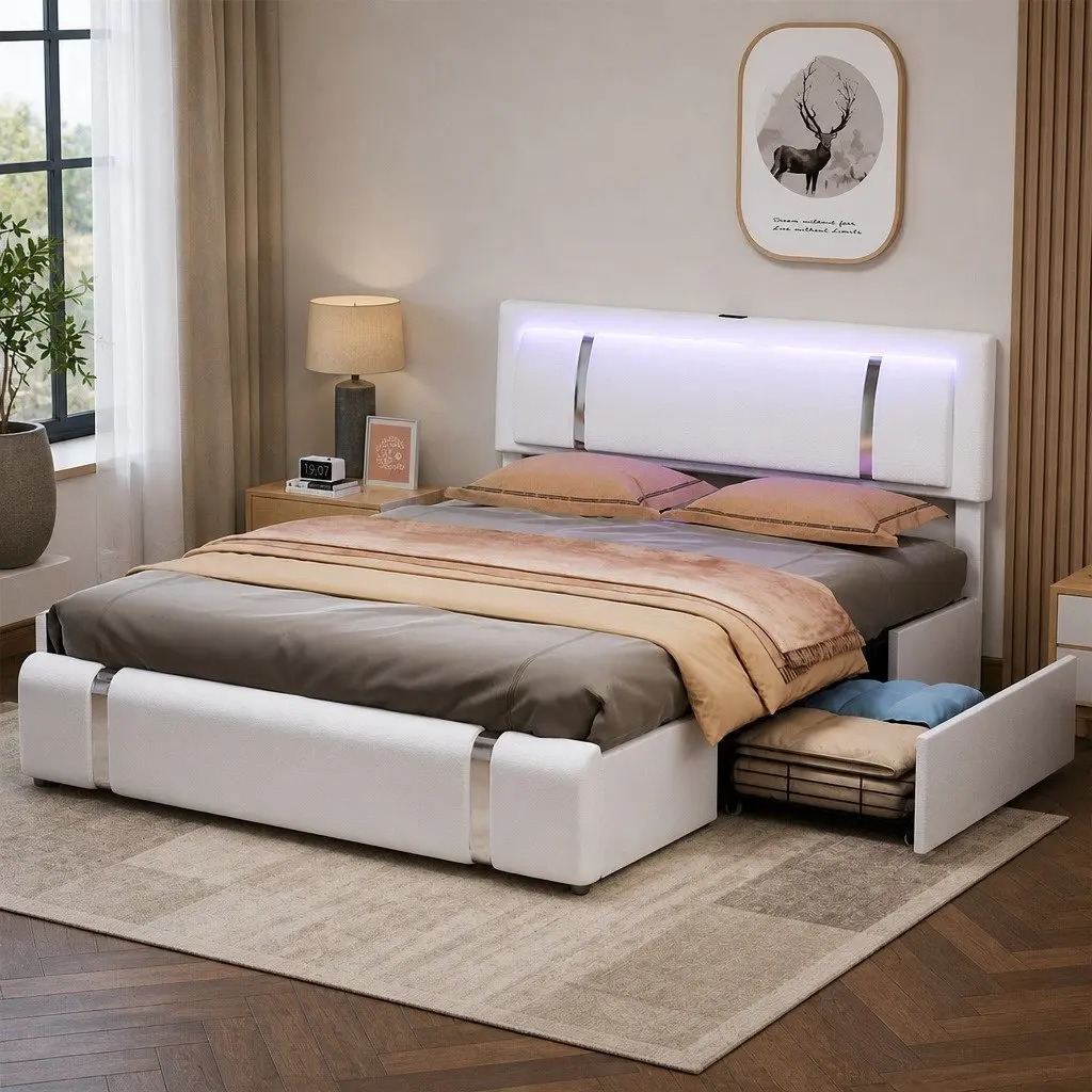 Queen Bed Frame Adjustable Headboard USB Charging LED Light Storage Drawers
