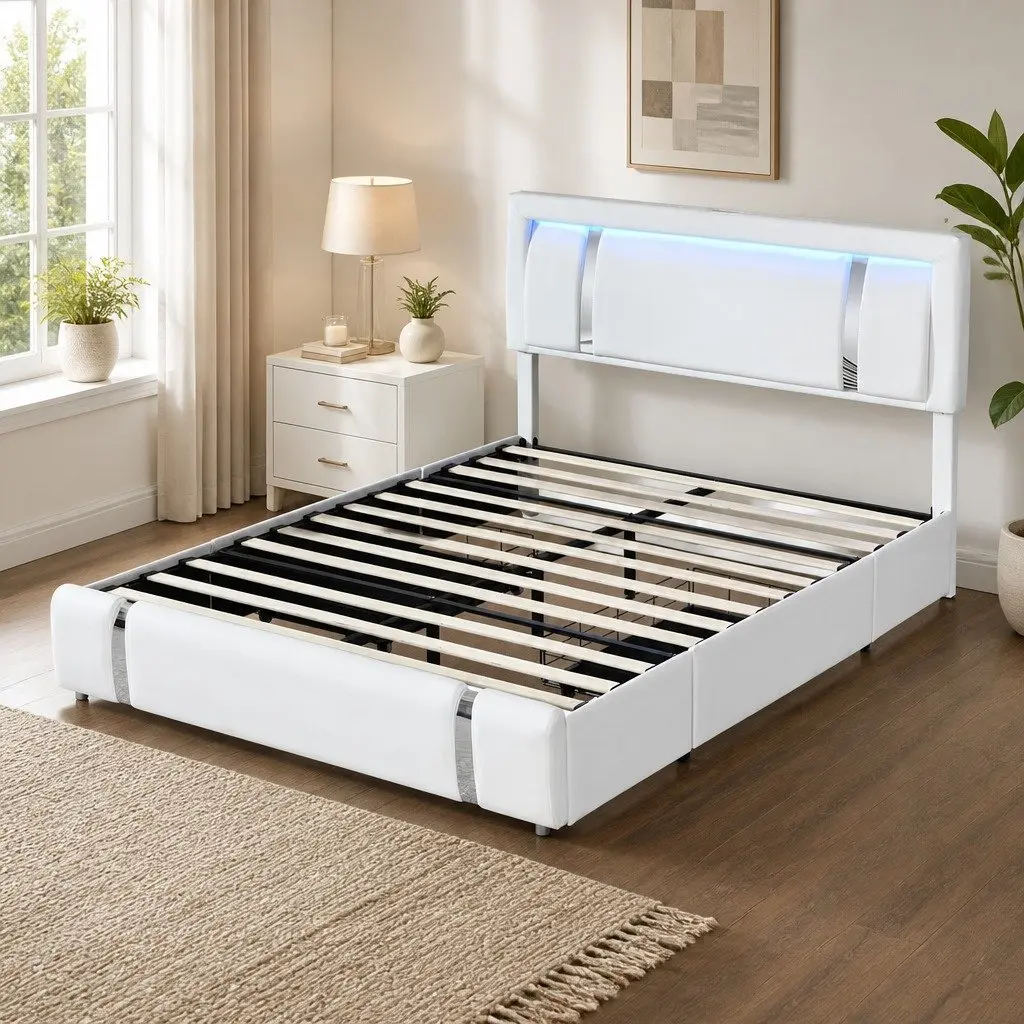 Queen Bed Frame Adjustable Headboard USB Charging LED Light Storage Drawers