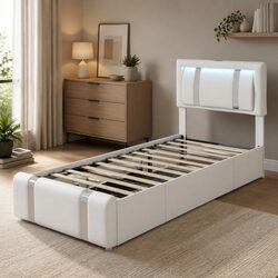 Single Bed Frame with PU Leather Headboard and LED Lighting