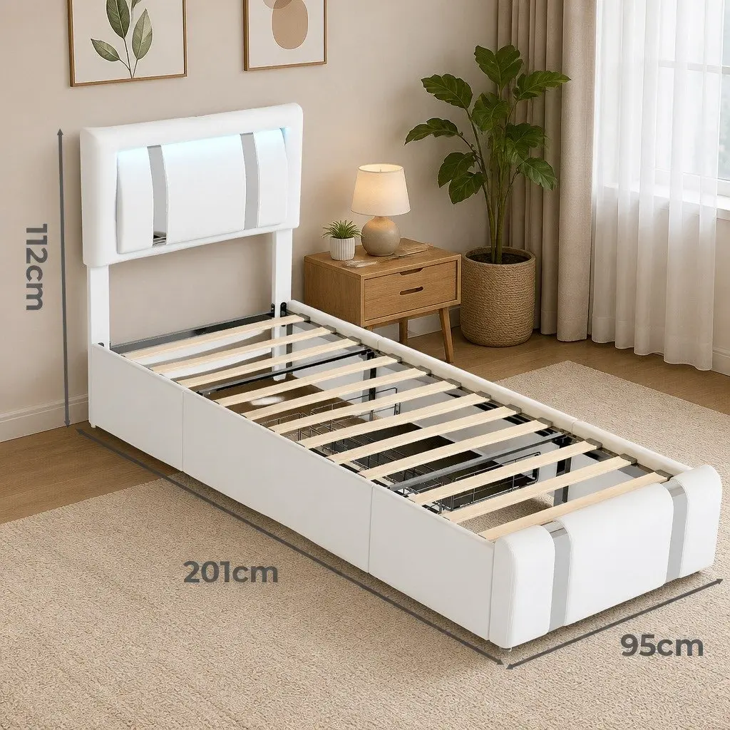Single Bed Frame with Adjustable PU Leather Headboard RGB LED Lights USB Charging White