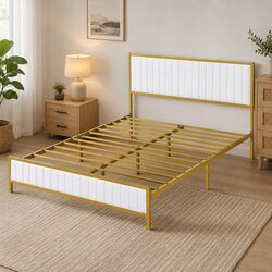 Double Bed Frame with Padded Headboard and Metal Construction