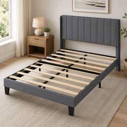Double Bed Frame with Grey Upholstered Headboard