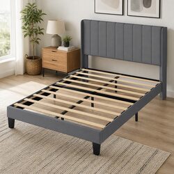 Queen Bed Frame with Metal Structure and Wooden Slats