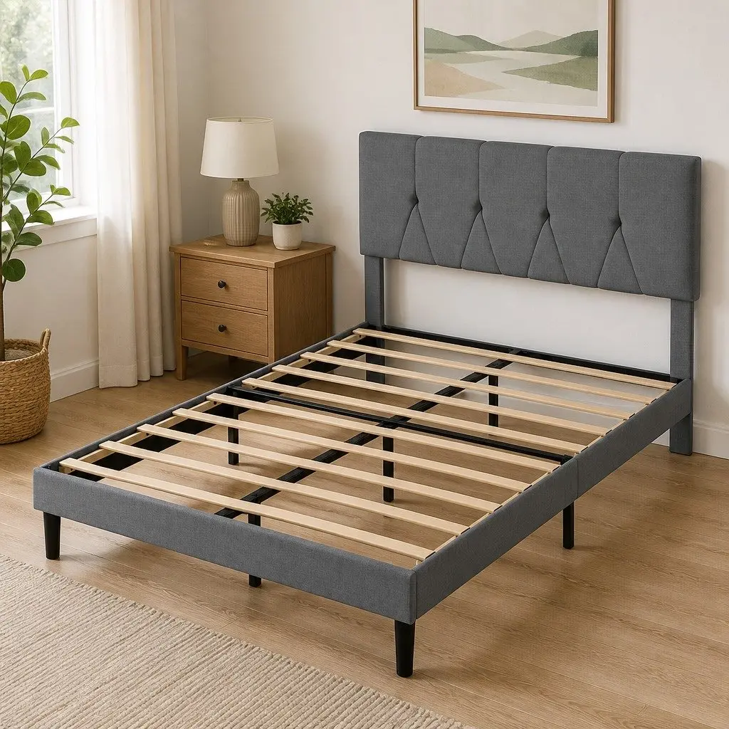 Double Upholstered Platform Bed Frame with Under-Bed Storage Dark Grey