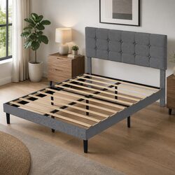 Double Platform Bed Frame Grey Fabric Storage Wooden Slats