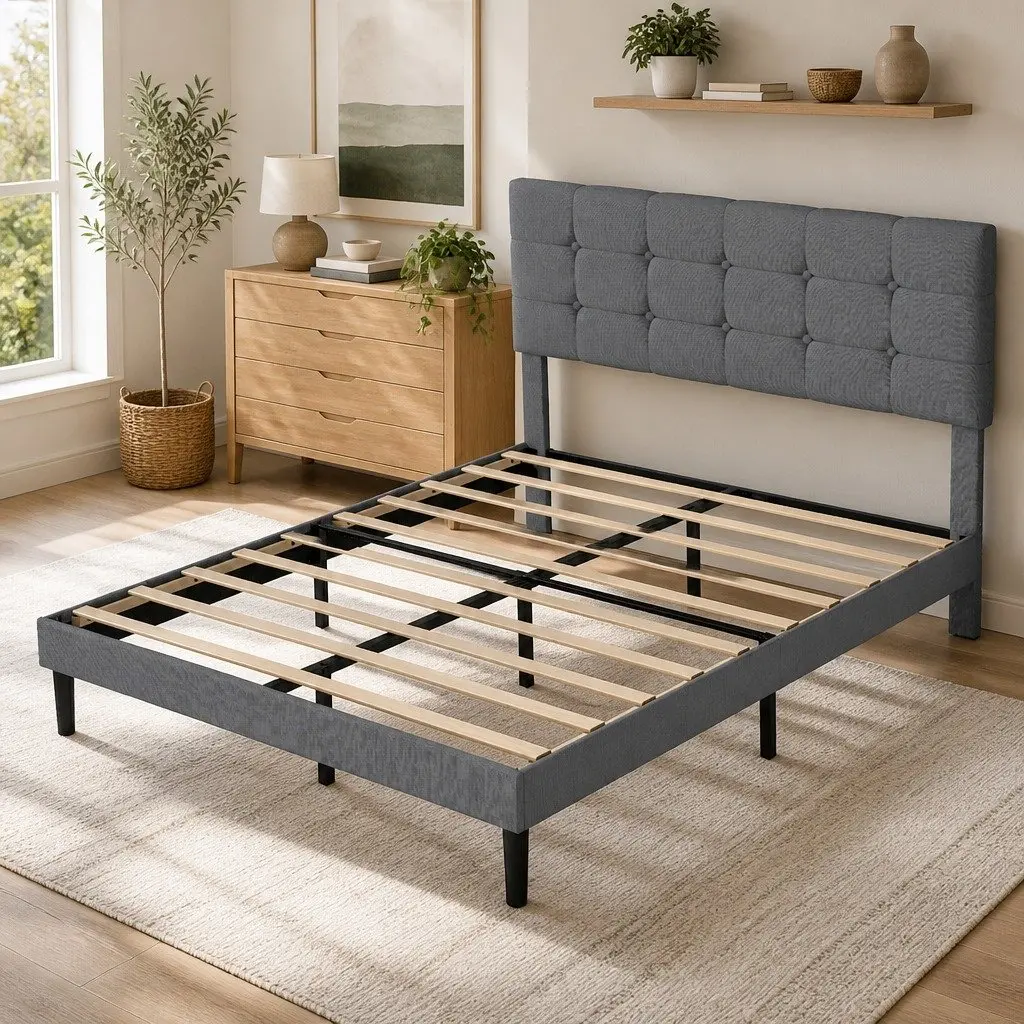 Upholstered Platform Bed Frame Queen Size Storage Base Grey