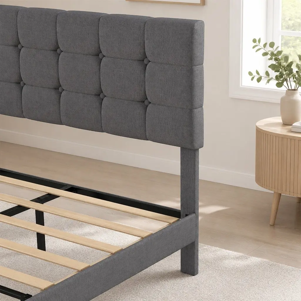 Upholstered Platform Bed Frame Queen Size Storage Base Grey
