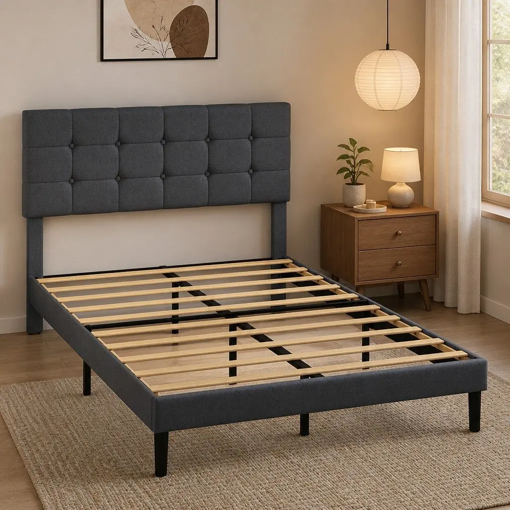 Upholstered Platform Bed Frame Queen Size Storage Base Grey