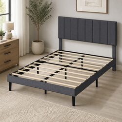 Double Upholstered Platform Bed Frame with Wooden Slats