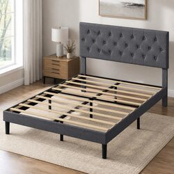 Double Bed Frame with Upholstered Design and Wooden Slats