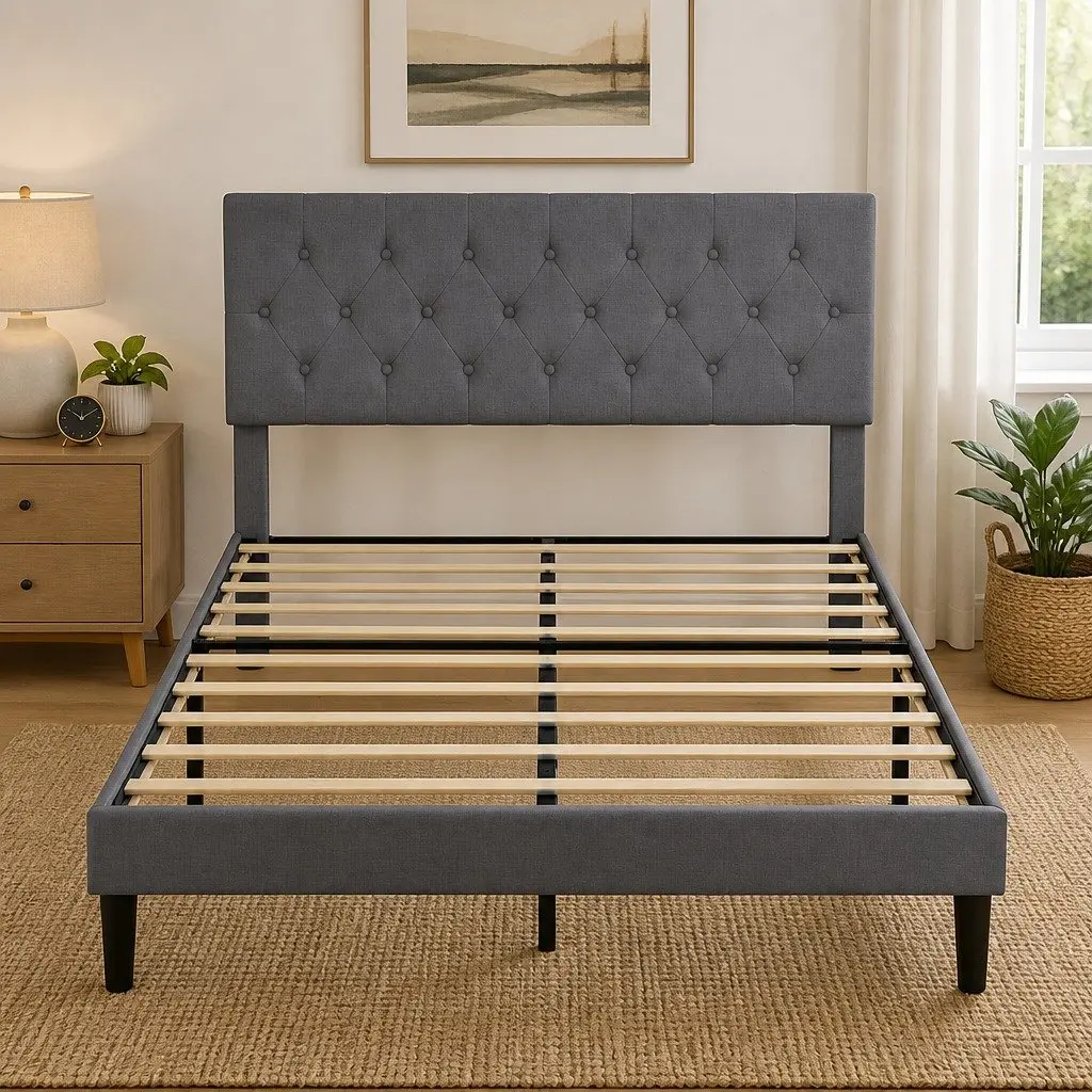 Upholstered Platform Bed Frame Storage Double Mattress Base Wooden Slat Dark Grey