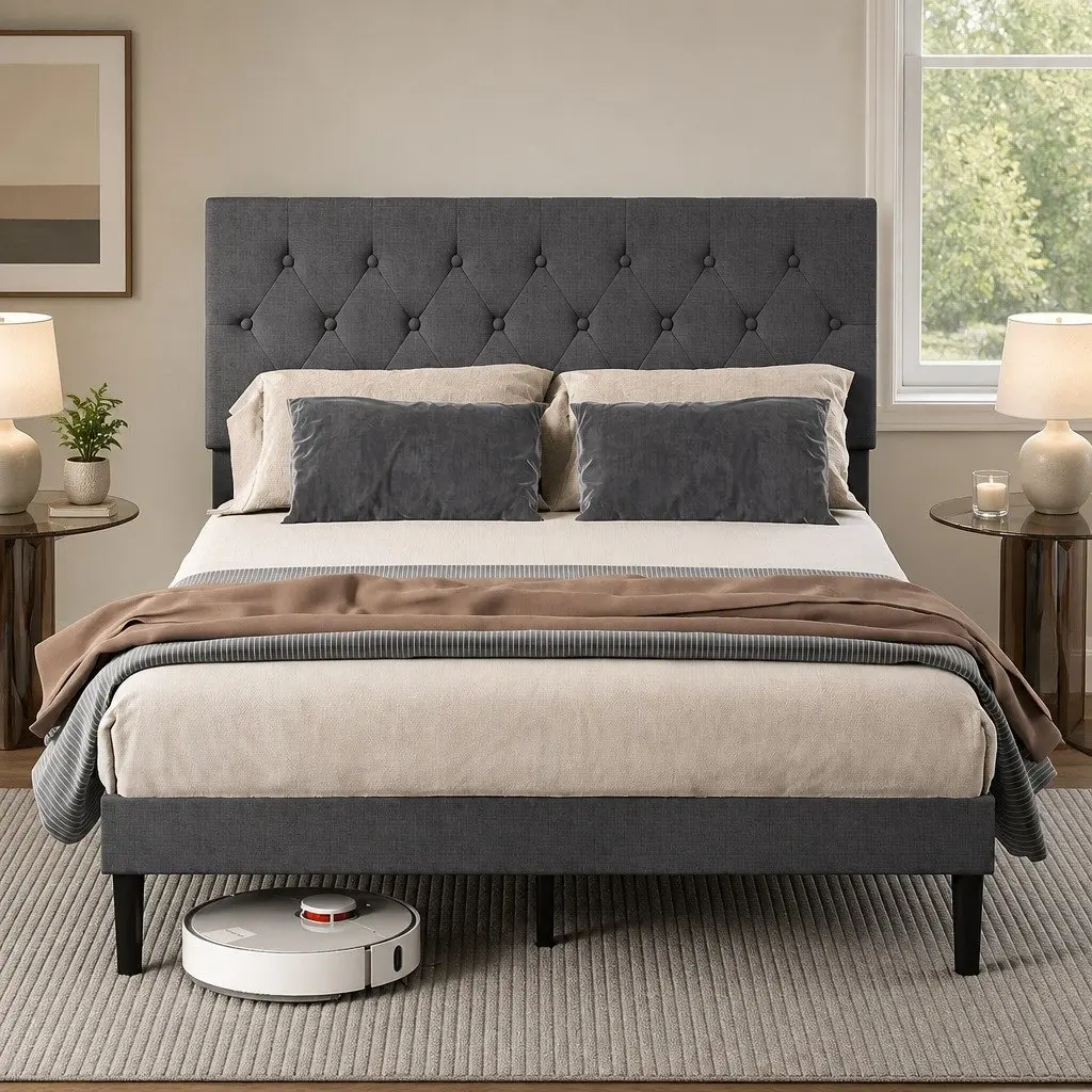 Upholstered Platform Bed Frame Storage Double Mattress Base Wooden Slat Dark Grey