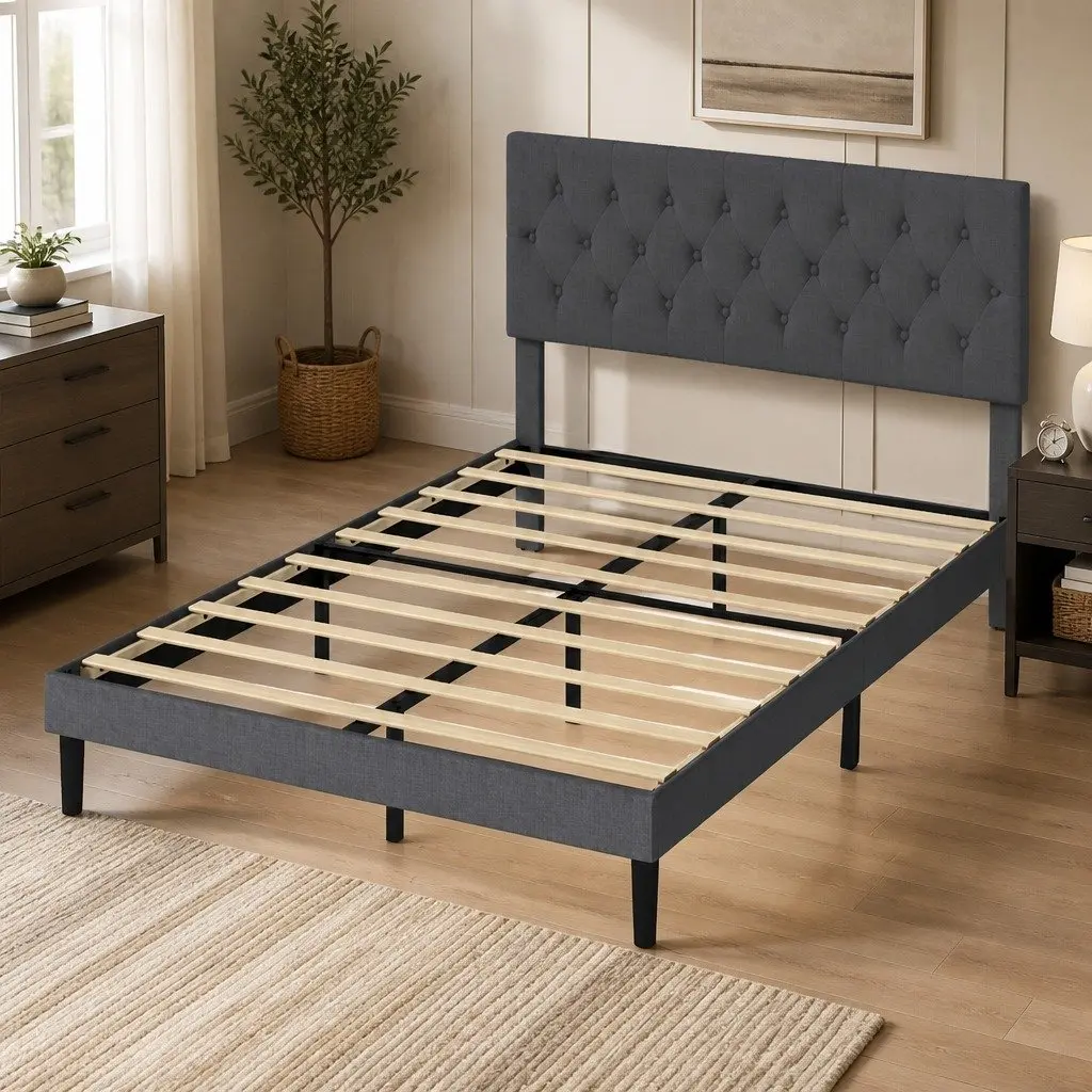 Queen Upholstered Platform Bed Frame Linen Fabric Under-bed Storage Dark Grey