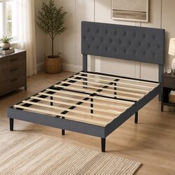 Queen Bed Frame with Linen Upholstery and Storage Base