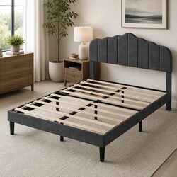Modern Upholstered Double Bed Frame with Wooden Slats