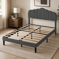 Queen Size Upholstered Bed Frame with Wooden Slats