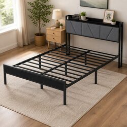 Double Bed Frame with Steel Base and Upholstered Headboard