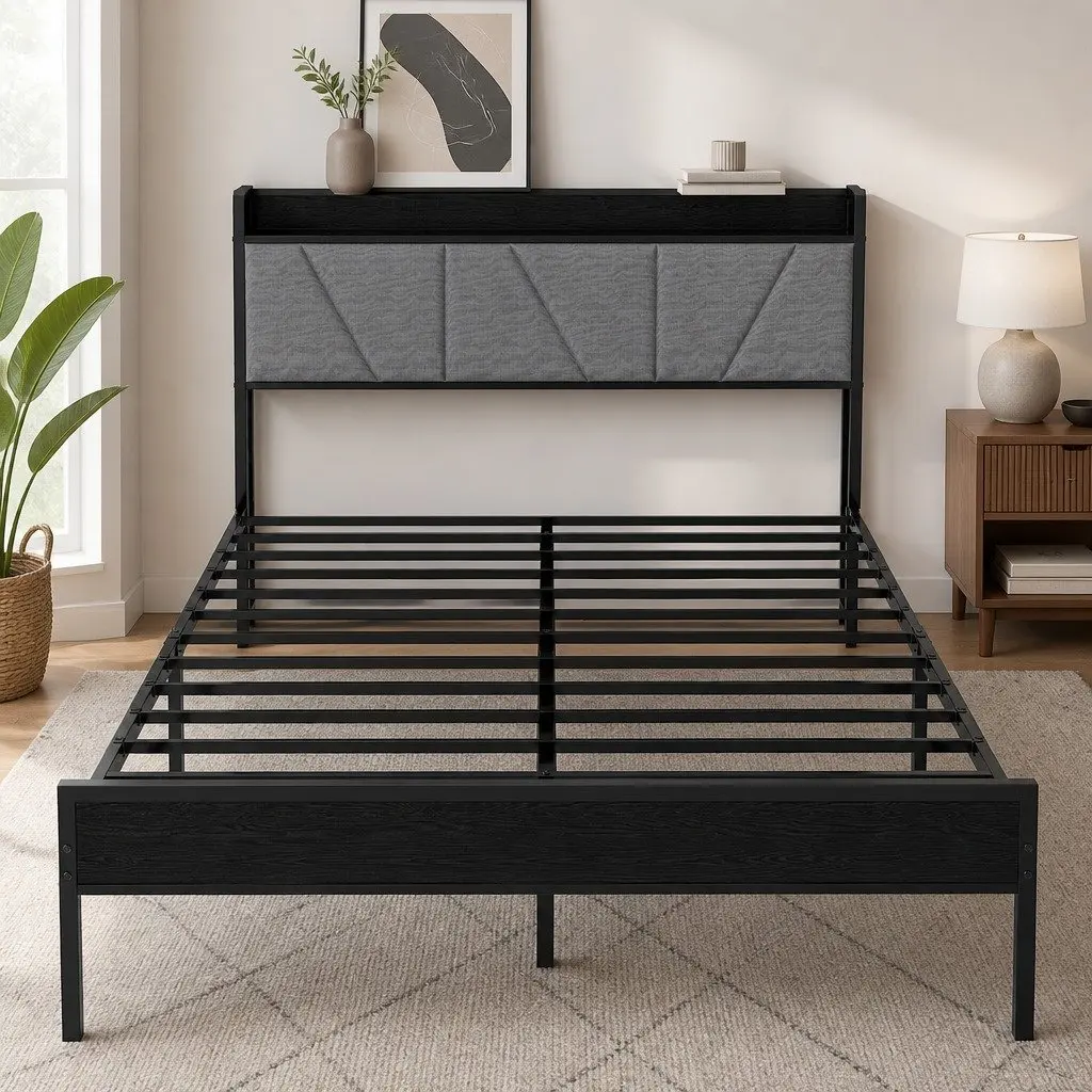 Double Bed Frame Modern Platform Storage Grey Upholstered Headboard Steel Base