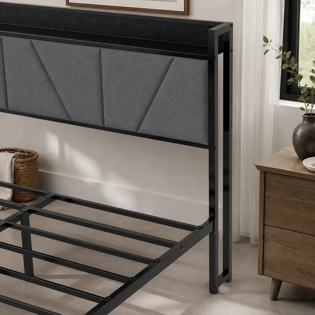 Double Bed Frame Modern Platform Storage Grey Upholstered Headboard Steel Base