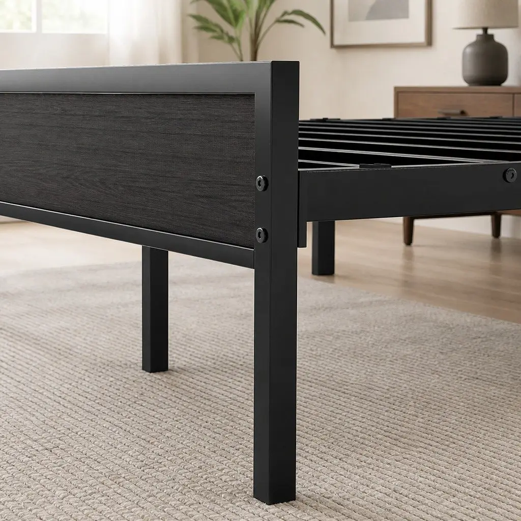Double Bed Frame Modern Platform Storage Grey Upholstered Headboard Steel Base