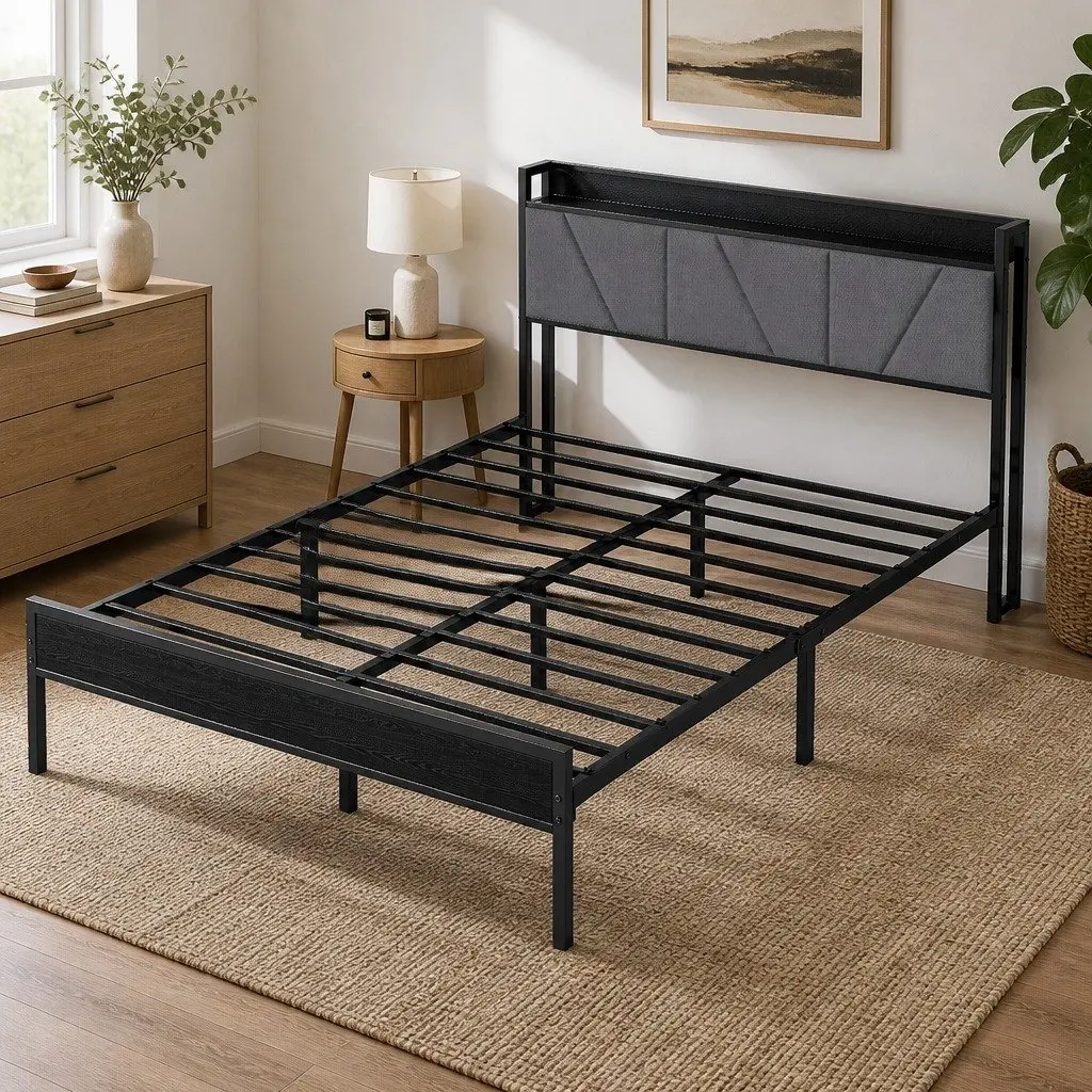 Double Bed Frame Modern Platform Storage Grey Upholstered Headboard Steel Base