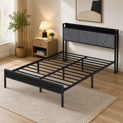 Grey Steel Base Queen Bed Frame with Headboard