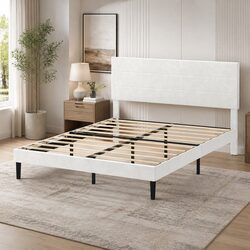 Queen Bed Frame with Adjustable Headboard and Wooden Slats