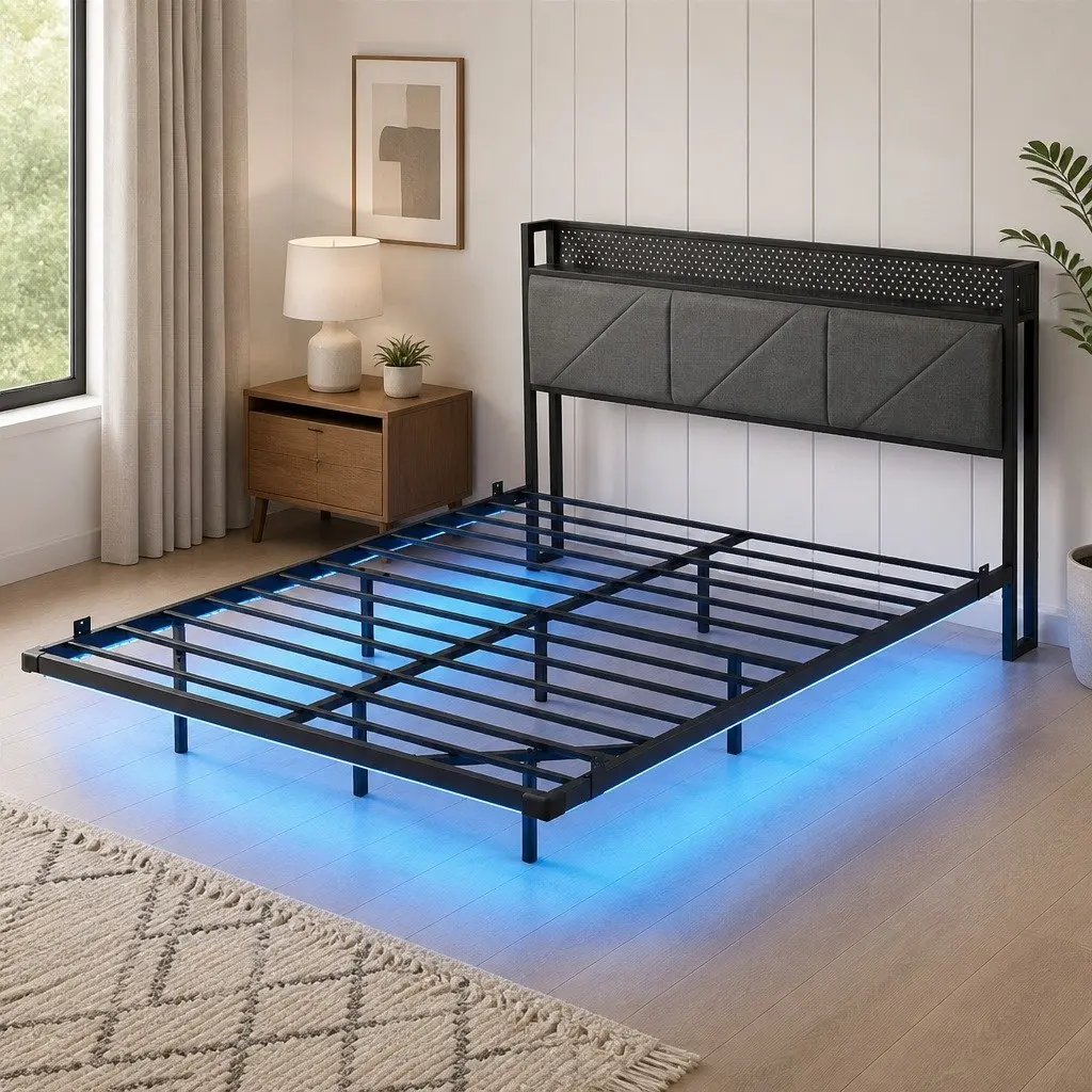 Floating Bed Frame Modern LED USB Power Storage Headboard Double Dark Grey