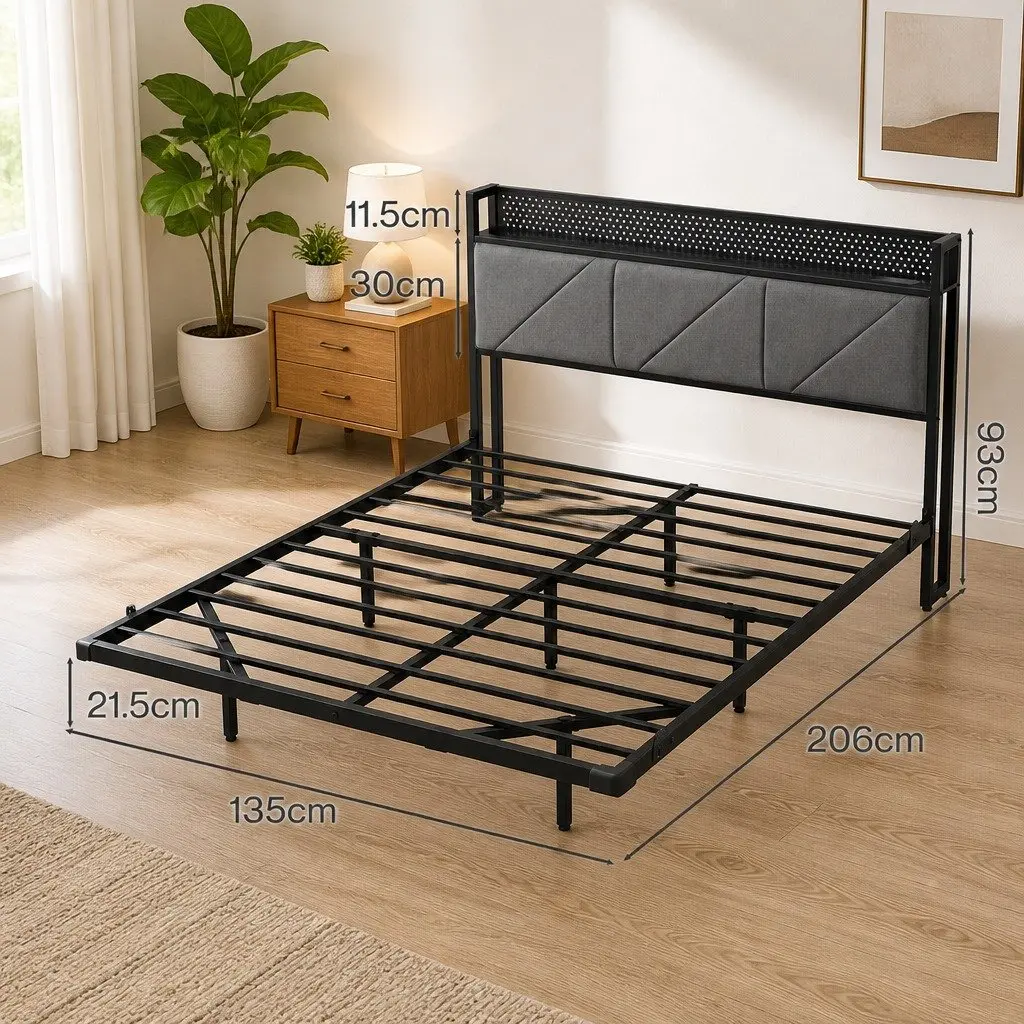 Floating Bed Frame Modern LED USB Power Storage Headboard Double Dark Grey