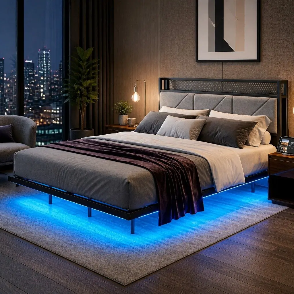 Floating Bed Frame Modern LED USB Power Storage Headboard Double Dark Grey