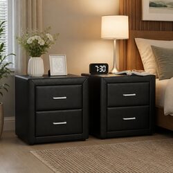 Black PVC Leather Bedside Table with Two Large Drawers