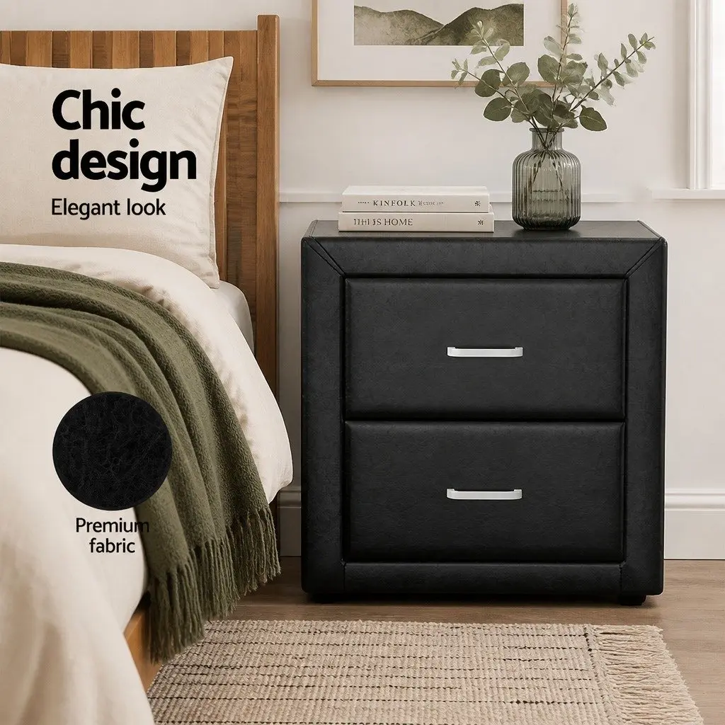 Bedside Table Modern Storage 2 Drawers Black PVC Leather