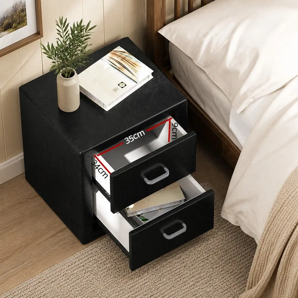 Bedside Table Modern Storage 2 Drawers Black PVC Leather