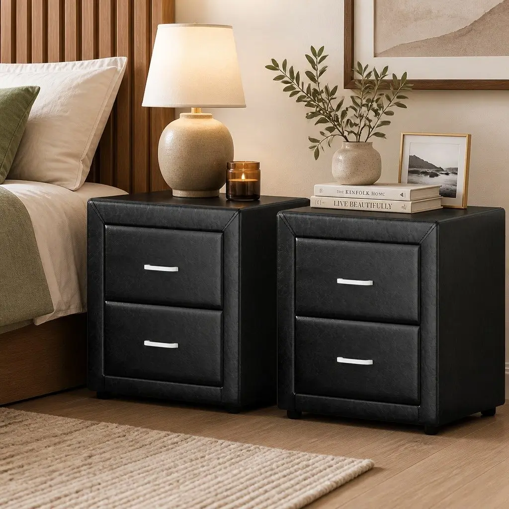 Bedside Table Modern Storage 2 Drawers Black PVC Leather