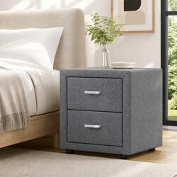 Grey Linen Fabric Bedside Table with Two Large Drawers