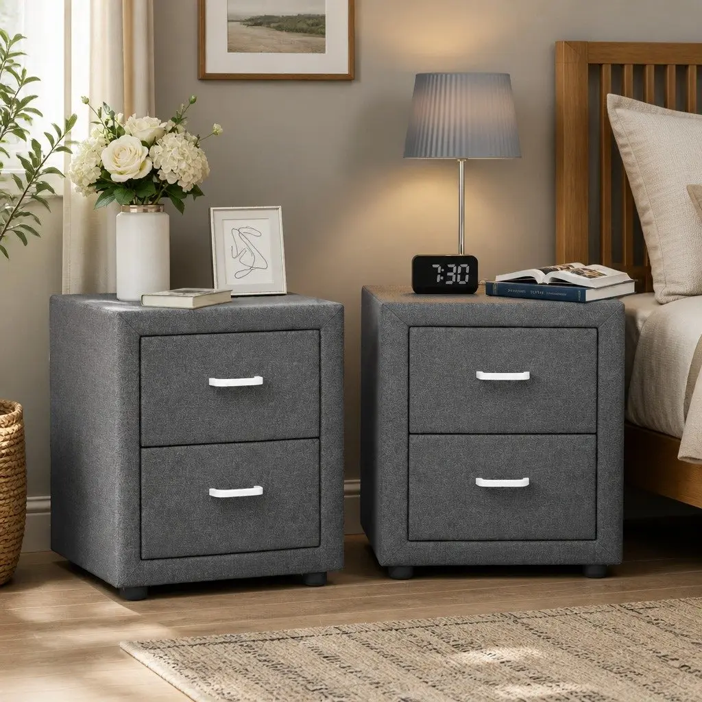 Bedside Table Linen Fabric 2 Drawers Grey