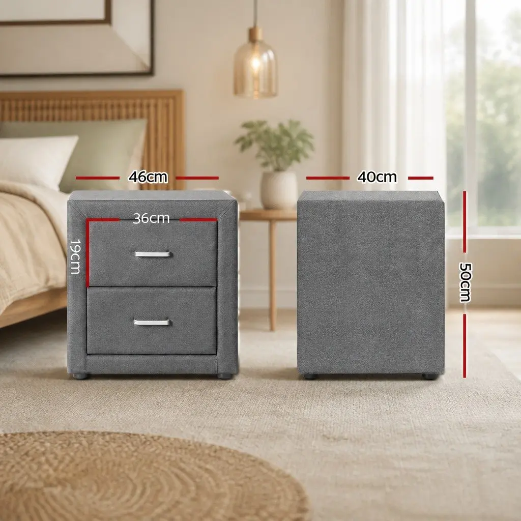 Bedside Table Linen Fabric 2 Drawers Grey