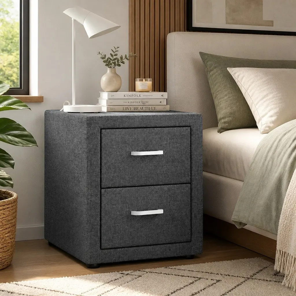 Bedside Table Linen Fabric 2 Drawers Grey