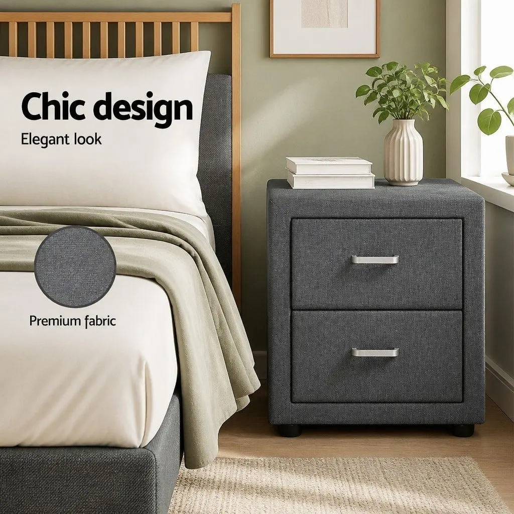 Bedside Table Linen Fabric 2 Drawers Grey