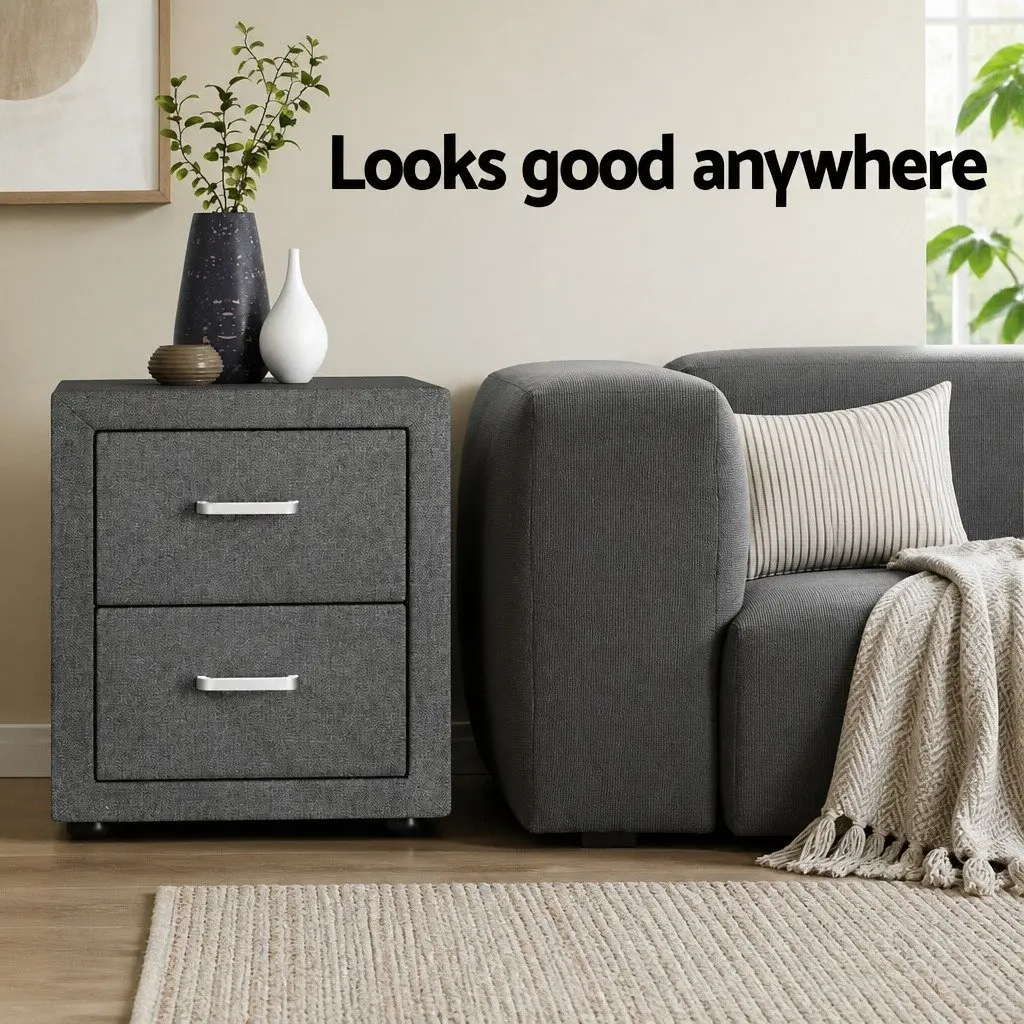 Bedside Table Linen Fabric 2 Drawers Grey