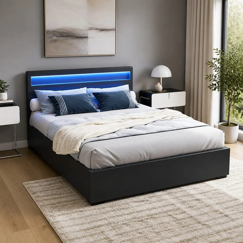 Queen Size Bed Frame with Gas Lift Storage LED Lighting Black